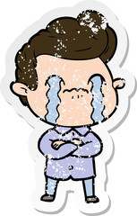 distressed sticker of a cartoon man crying