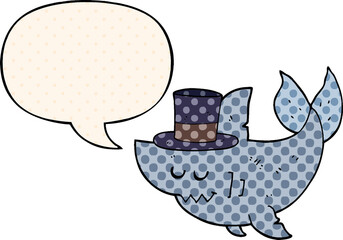 cartoon shark wearing top hat and speech bubble in comic book style