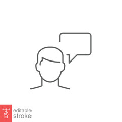Man with bubble speech line icon. Testimonials and customer relationship management concept. Simple outline style. Vector illustration isolated on white background. Editable stroke EPS 10.