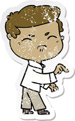 distressed sticker of a cartoon annoyed man pointing finger