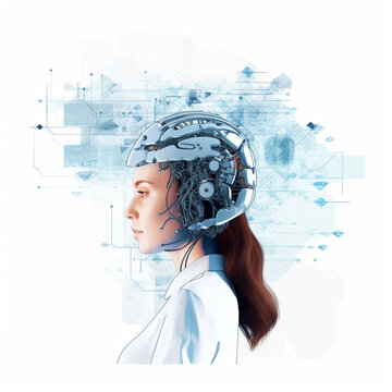 illustration of a AI generated (not a real person) women with a transparent robot brain computing things. white background