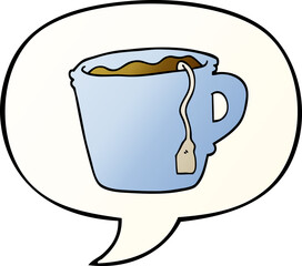 cartoon hot cup of tea and speech bubble in smooth gradient style