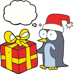 thought bubble cartoon christmas penguin with present