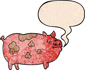 cartoon pig and speech bubble in retro texture style