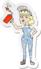 retro distressed sticker of a cartoon woman welding