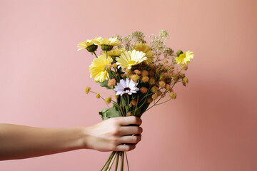Fototapeta premium Bouquet of flowers in hands. AI Generative.
