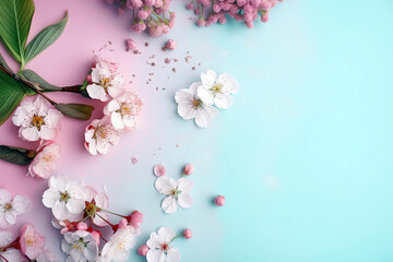 Obraz na płótnie Canvas Pink cherry blossom on light matte background. AI Generative.