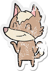 distressed sticker of a friendly cartoon wolf