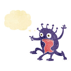 cartoon weird little alien with thought bubble