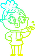 cold gradient line drawing cartoon woman wearing spectacles