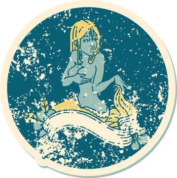 distressed sticker tattoo style icon of a pinup mermaid with banner