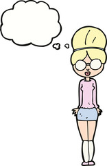 cartoon librarian woman with thought bubble