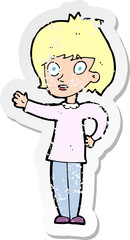 retro distressed sticker of a cartoon happy woman
