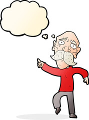 cartoon sad old man pointing with thought bubble