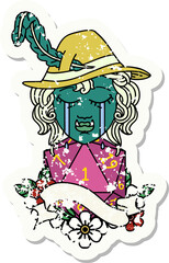 crying orc bard character with natural one D20 roll illustration