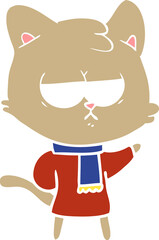 bored flat color style cartoon cat in winter clothes