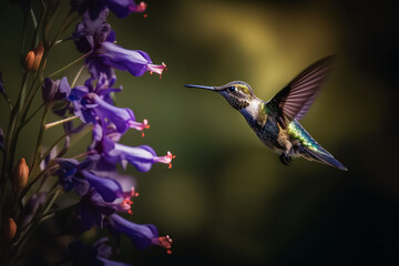 Colourful hummingbird feeding on flowers