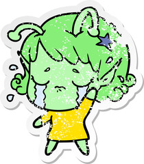 distressed sticker of a cartoon crying alien girl