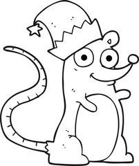 black and white cartoon mouse wearing christmas hat