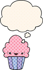 cartoon cupcake with face and thought bubble in comic book style