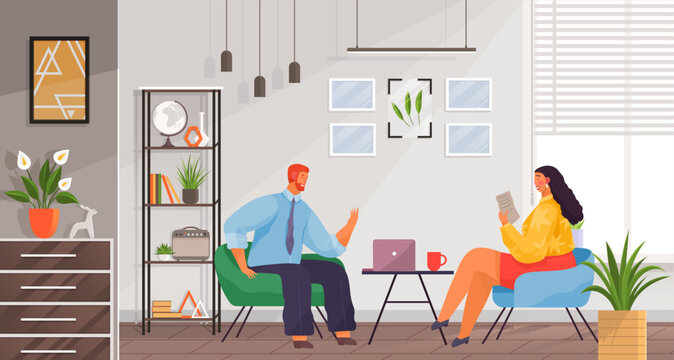 Man and woman sitting at desk, working together, discussing start-up. Meeting of colleagues in office. Coworking, teamwork concept. Employees working under business project, discuss current issues
