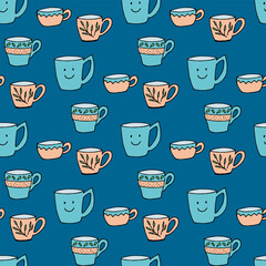 Seamless pattern with simple cups on dark blue background. Vector image. Doodle style.
