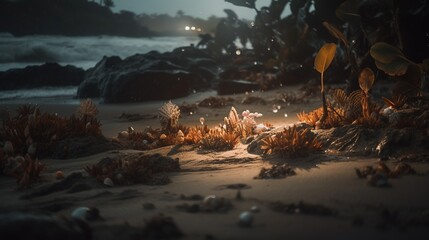 Tropical beach with palm trees and sand dunes at sunset,blue sea.Generative Ai