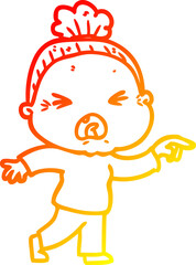 warm gradient line drawing cartoon angry old woman