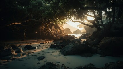 Fototapeta na wymiar Tropical beach with palm trees and sand dunes at sunset,blue sea.Generative Ai
