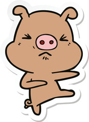 sticker of a cartoon angry pig kicking out