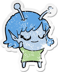 distressed sticker of a smiling alien girl cartoon