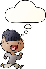 cartoon happy boy laughing and running away and thought bubble in smooth gradient style