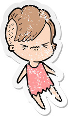 distressed sticker of a cartoon annoyed hipster girl