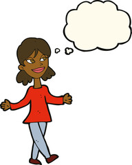 cartoon woman with no worries with thought bubble