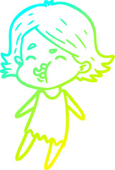 cold gradient line drawing cartoon girl pulling face