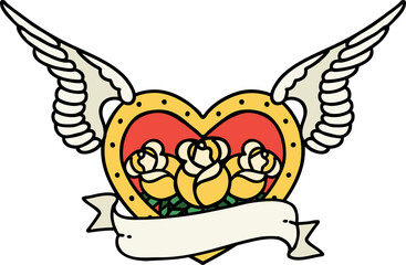 traditional tattoo of a flying heart with flowers and banner