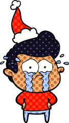 Fototapeta premium comic book style illustration of a crying man wearing santa hat