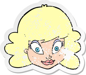 retro distressed sticker of a cartoon happy female face