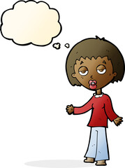 cartoon tired woman with thought bubble