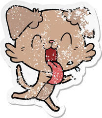 distressed sticker of a cartoon panting dog running