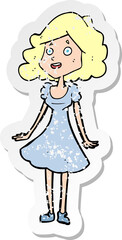 retro distressed sticker of a cartoon happy woman in dress