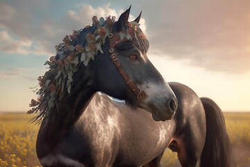 a cute gray horse with flowers in its mane, standing on a blossom field.