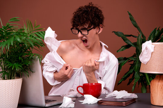 Romance on the Internet. Young attractive guy works as an online model.