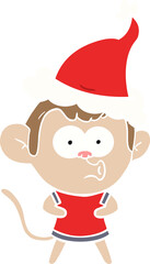 flat color illustration of a surprised monkey wearing santa hat