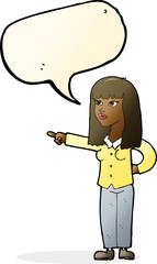 cartoon pretty woman pointing with speech bubble