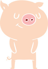 happy flat color style cartoon pig