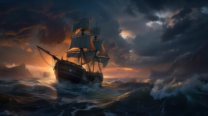 Obraz premium ship on stormy beautiful sea, generative AI