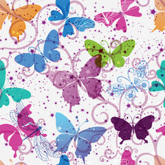 Vector white spring seamless pattern with flying colorful butterflies and stars