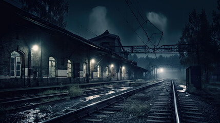 Horror railway station in dark and scary atmosphere created with Generative AI