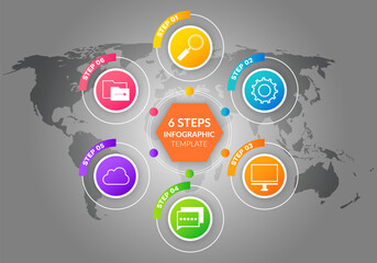 Abstract background with 6 steps, parts, options, processes, infographic template on world map. Banner with graphic strategy. Vector business information with marketing icons and design elements